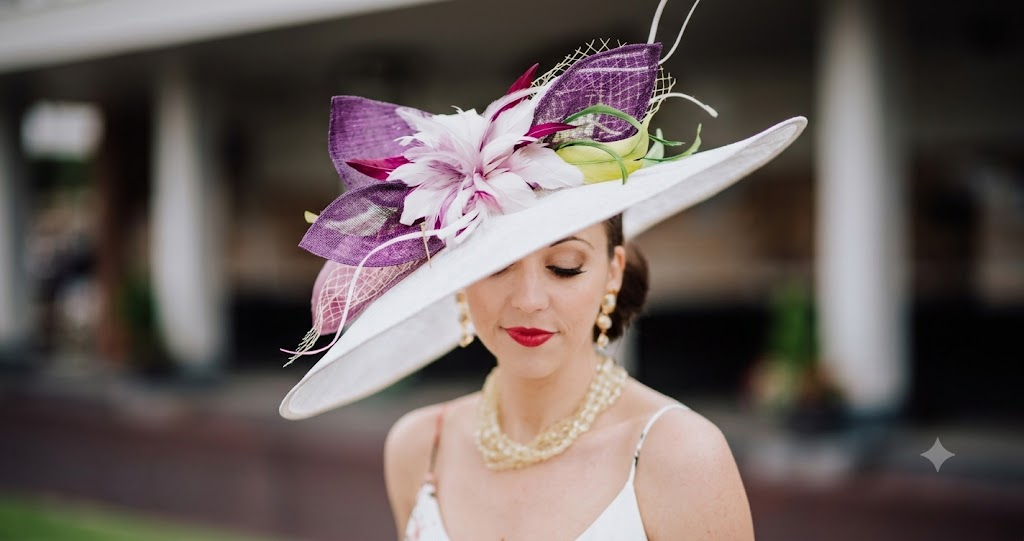 Woman in white wide-brim Kentucky Derby hat styled with purple fascinator, pink lily flowers, green feathers and netting trim.
