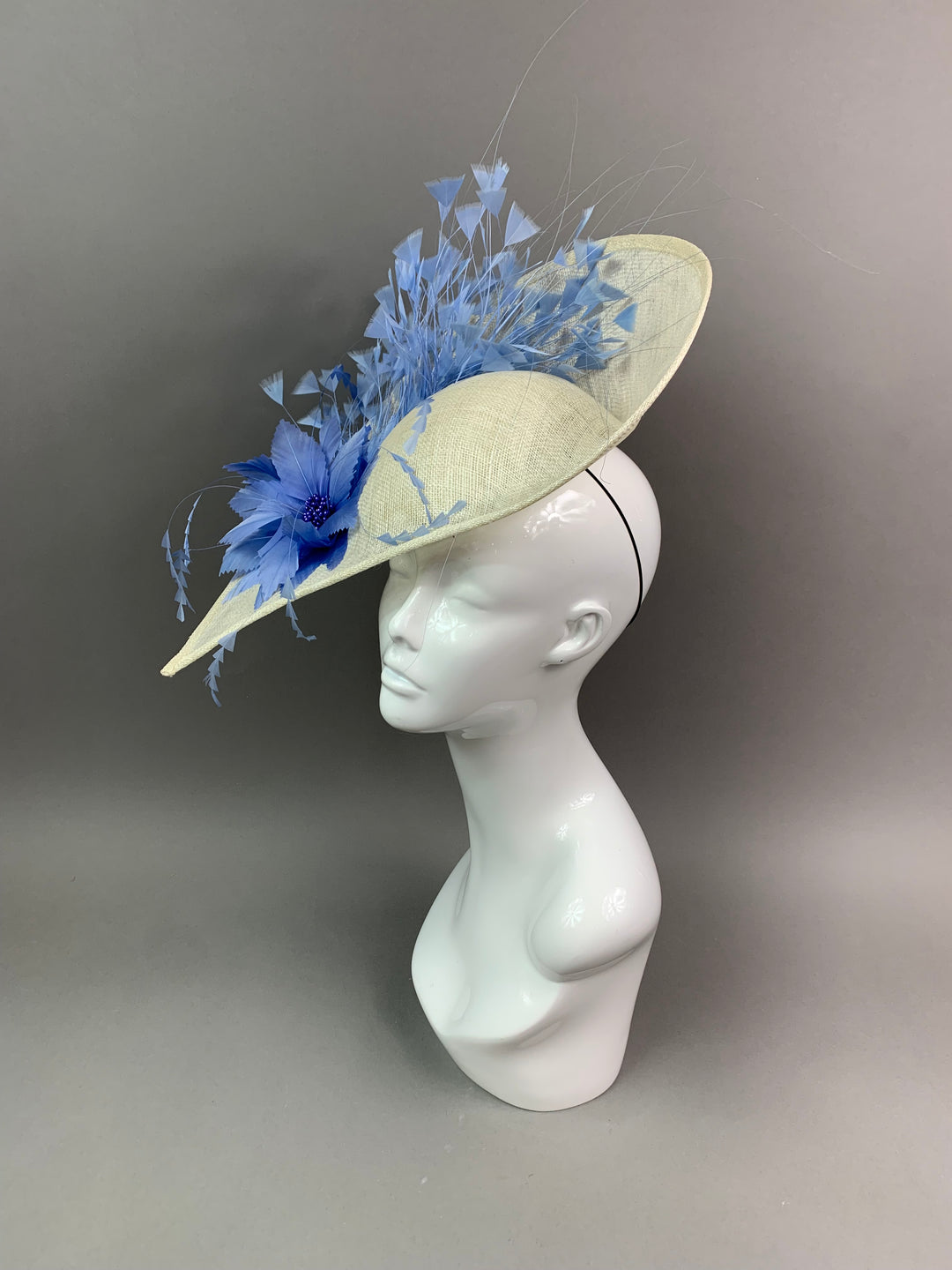 One off Piece - Large Cream & Cornflower Blue Ivory Rose Flower Fascinator Disc Hat Hatinator Races jkl40 shops