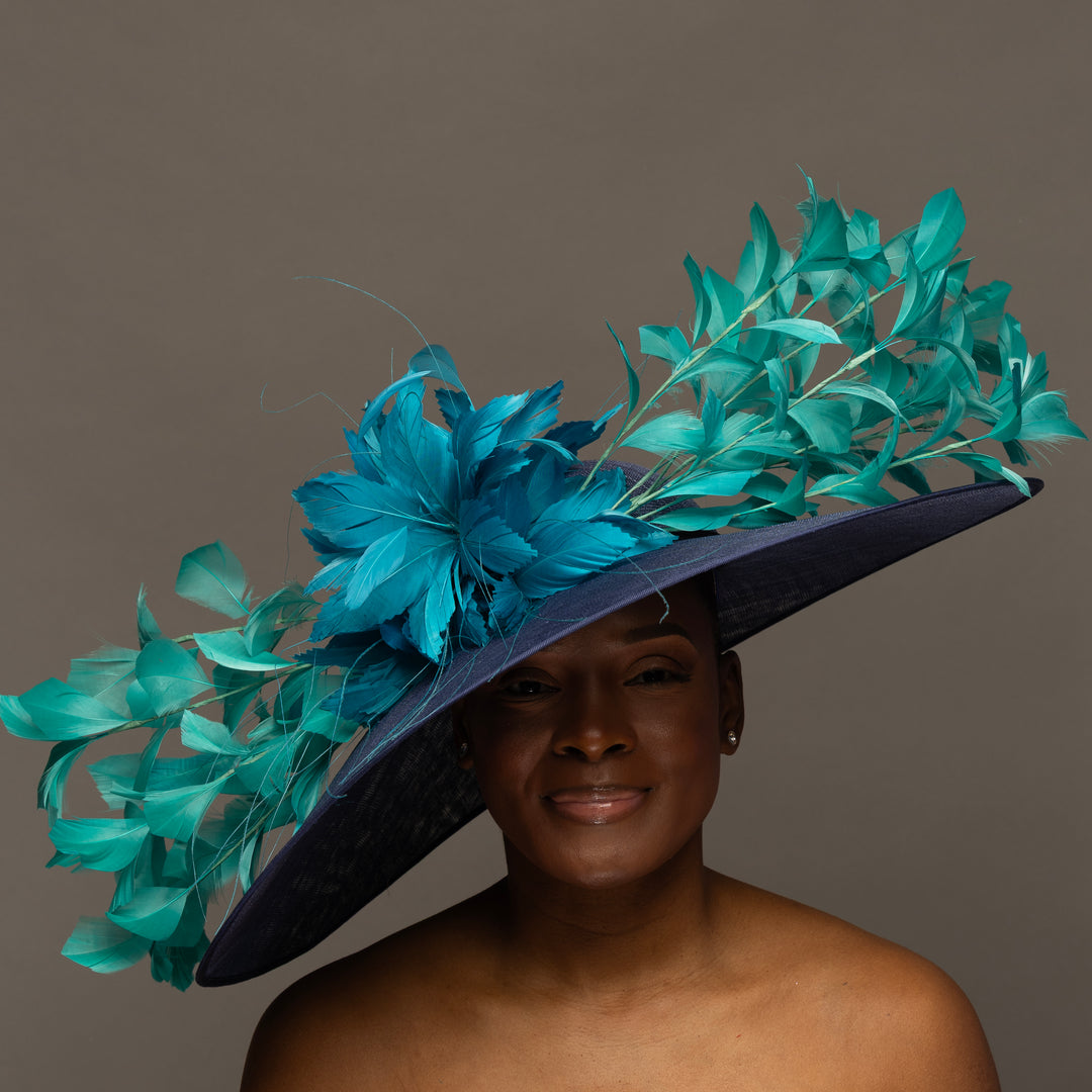 ladies dress hats kentucky derby NAVY BLUE FLIPPED BRIM WITH TURQUOISE BLUE BLOOM KENTUCKY DERBY HAT