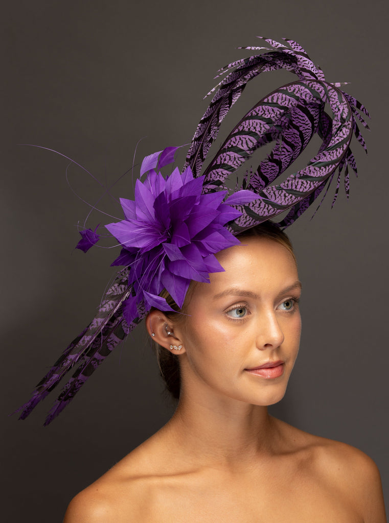 fitted lace wedding dress ELENA Derby Hat: Purple Charm with Pheasant Feathers – The Hat Girls