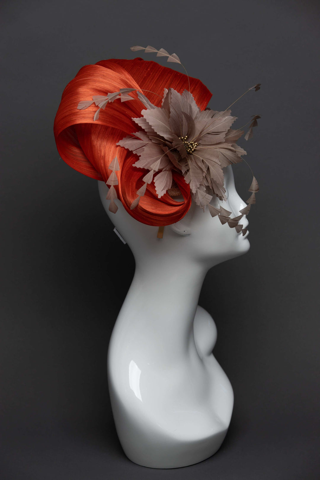 THG2655 - Orange Silk Abaca Fascinator w/ Tan Feather Flower - The Hat Girls