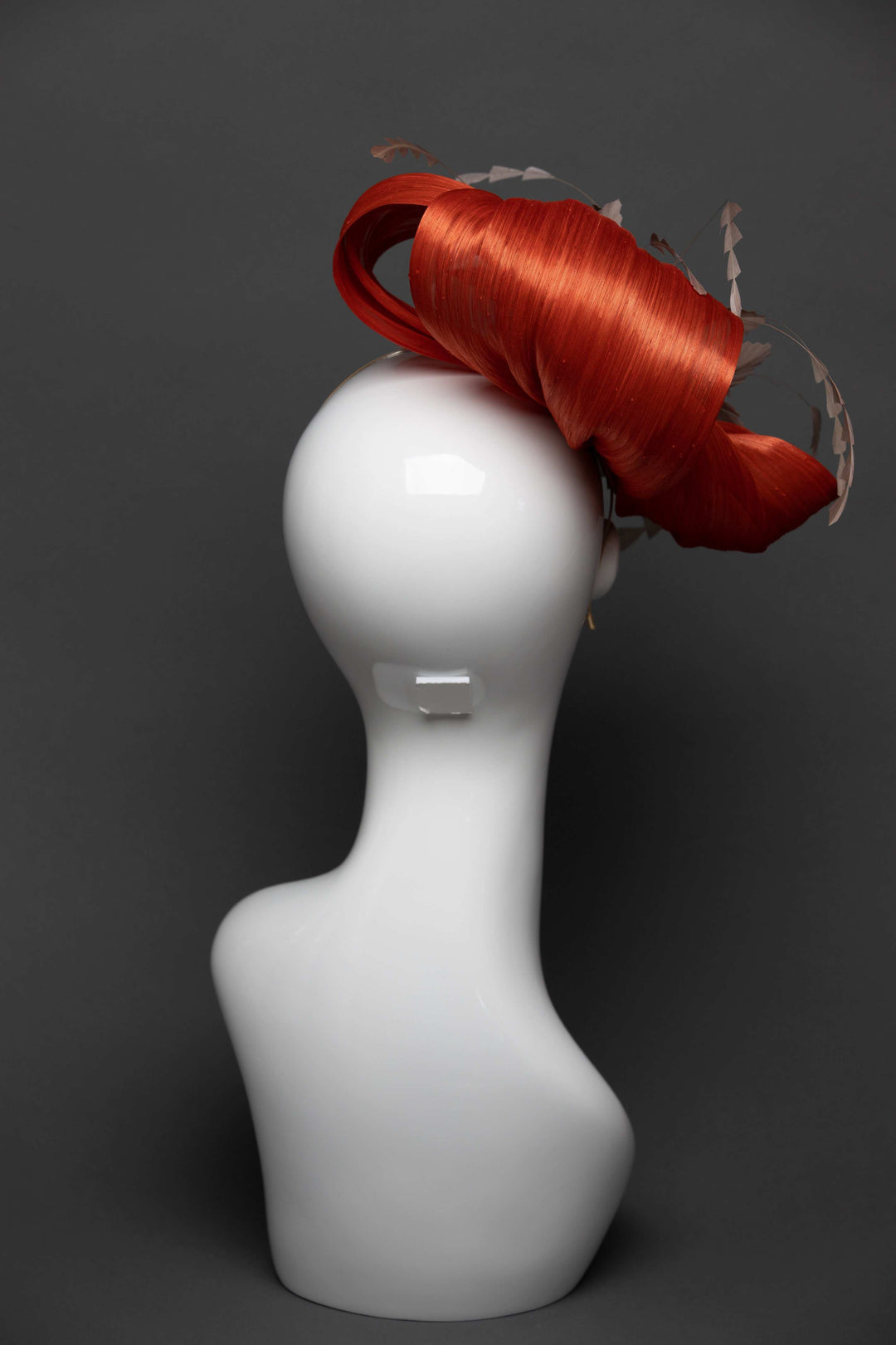 THG2655 - Orange Silk Abaca Fascinator w/ Tan Feather Flower - The Hat Girls