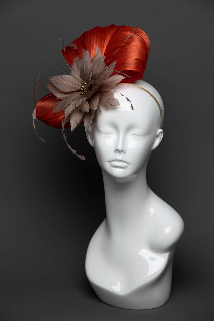 THG2655 - Orange Silk Abaca Fascinator w/ Tan Feather Flower - The Hat Girls