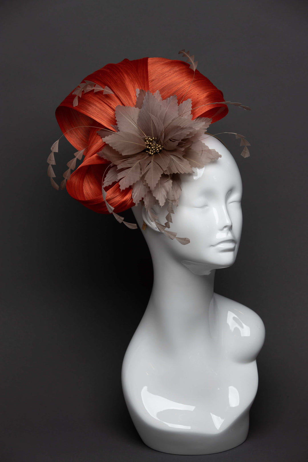 THG2655 - Orange Silk Abaca Fascinator w/ Tan Feather Flower - The Hat Girls