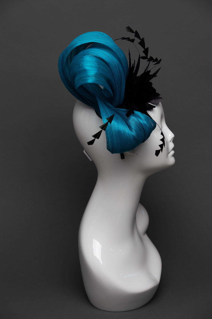 THG2656 - Blue Silk Abaca Fascinator w/ Black Feather Flower - The Hat Girls