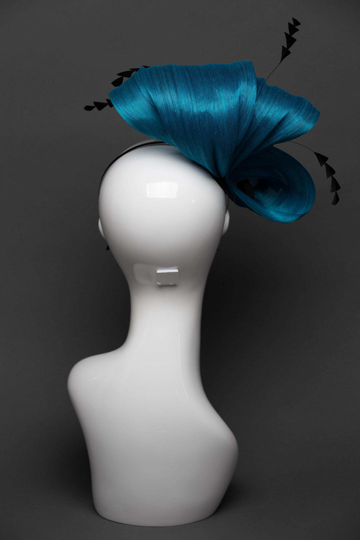THG2656 - Blue Silk Abaca Fascinator w/ Black Feather Flower - The Hat Girls