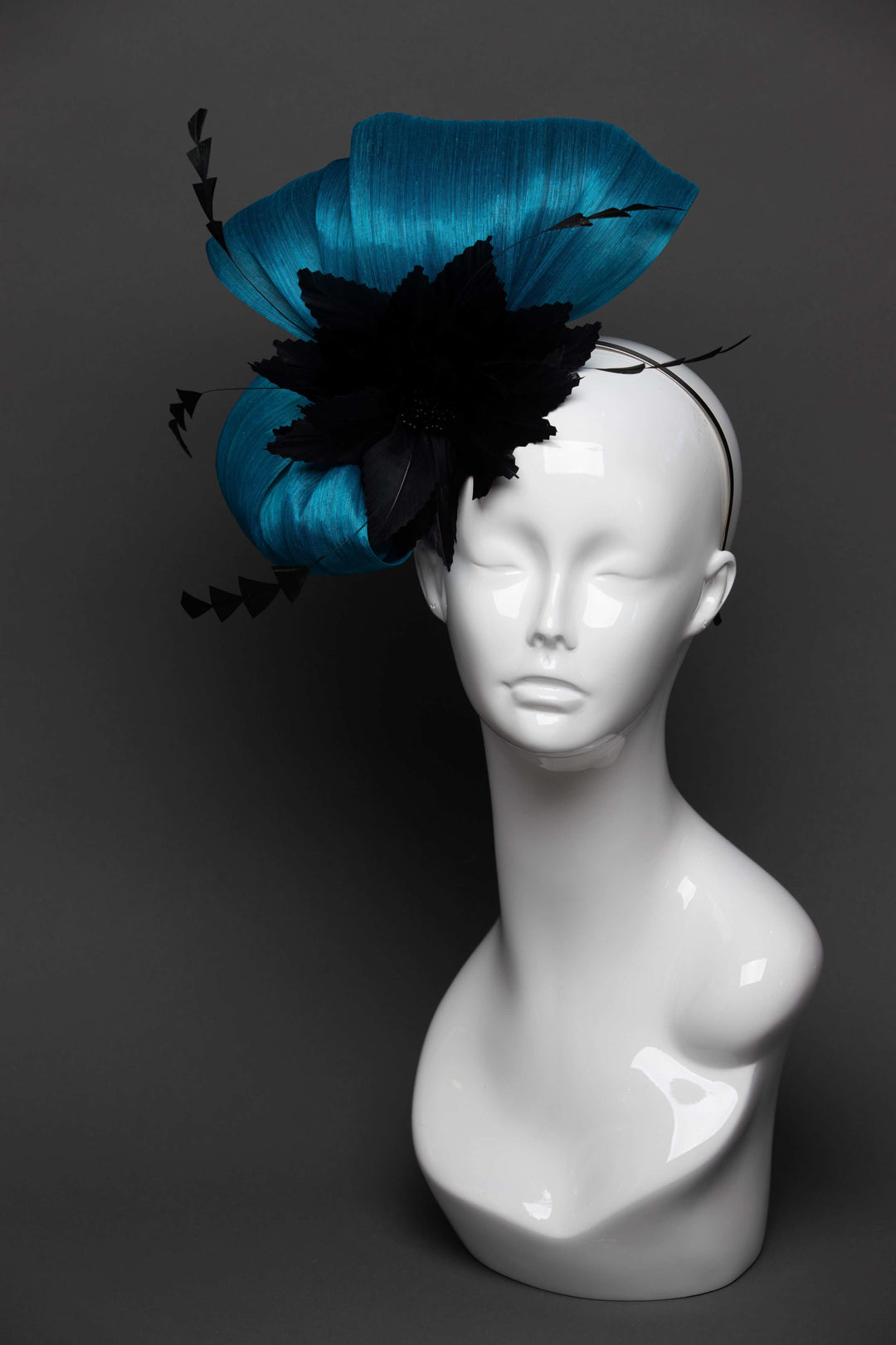 THG2656 - Blue Silk Abaca Fascinator w/ Black Feather Flower - The Hat Girls