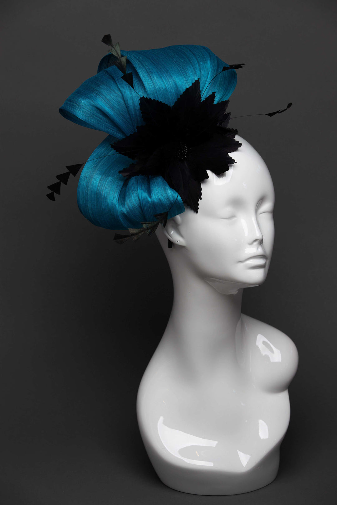 THG2656 - Blue Silk Abaca Fascinator w/ Black Feather Flower - The Hat Girls