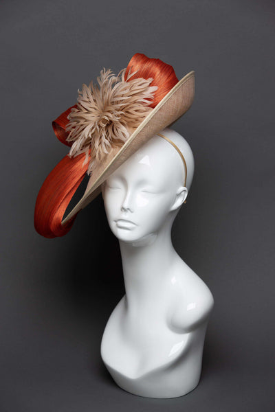 THG2664 - Nude Sinamay Fascinator w/ Orange Silk Abaca - The Hat Girls