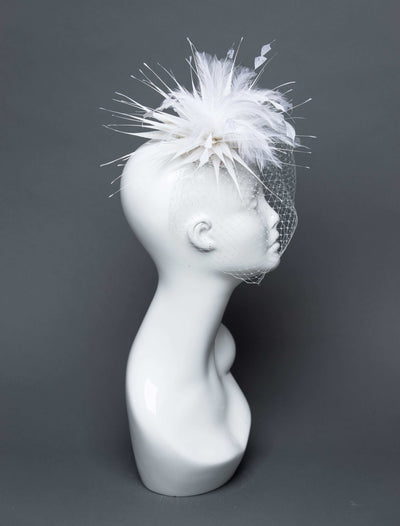 THG2690 - White Cocktail Fascinator w/ Veiling and Feathers - The Hat Girls