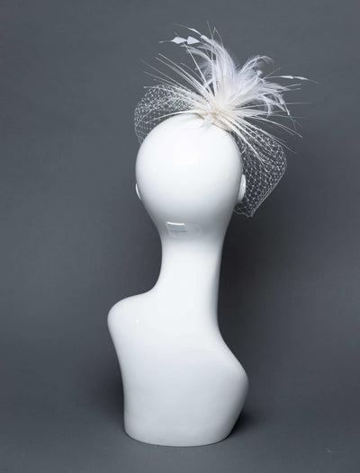 THG2690 - White Cocktail Fascinator w/ Veiling and Feathers - The Hat Girls