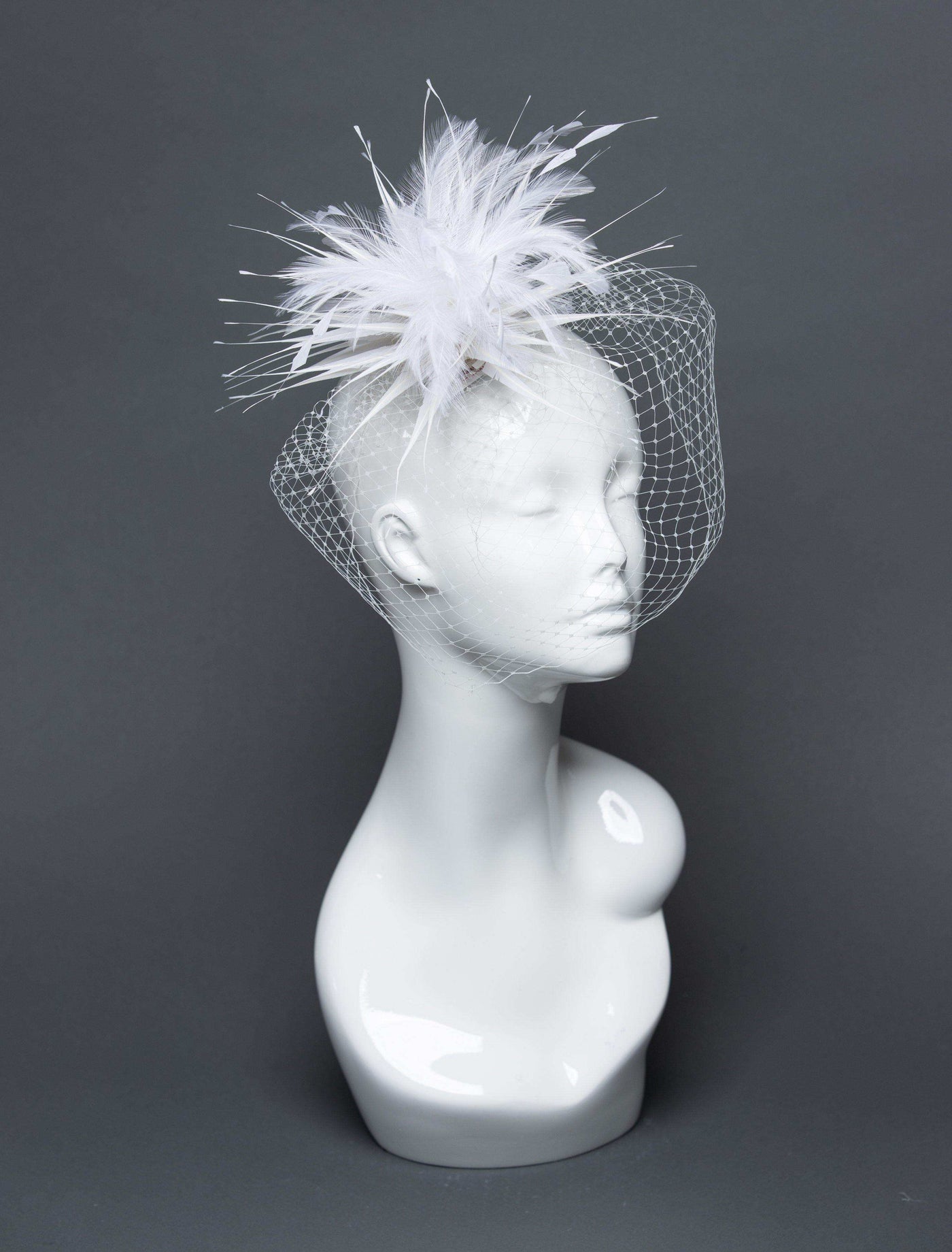 THG2690 - White Cocktail Fascinator w/ Veiling and Feathers - The Hat Girls