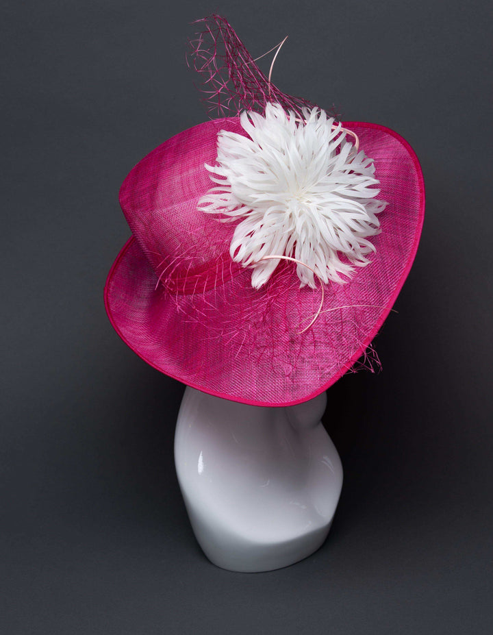 THG2697 - Bright Pink Sinamay Hat w/ White Feathers - The Hat Girls