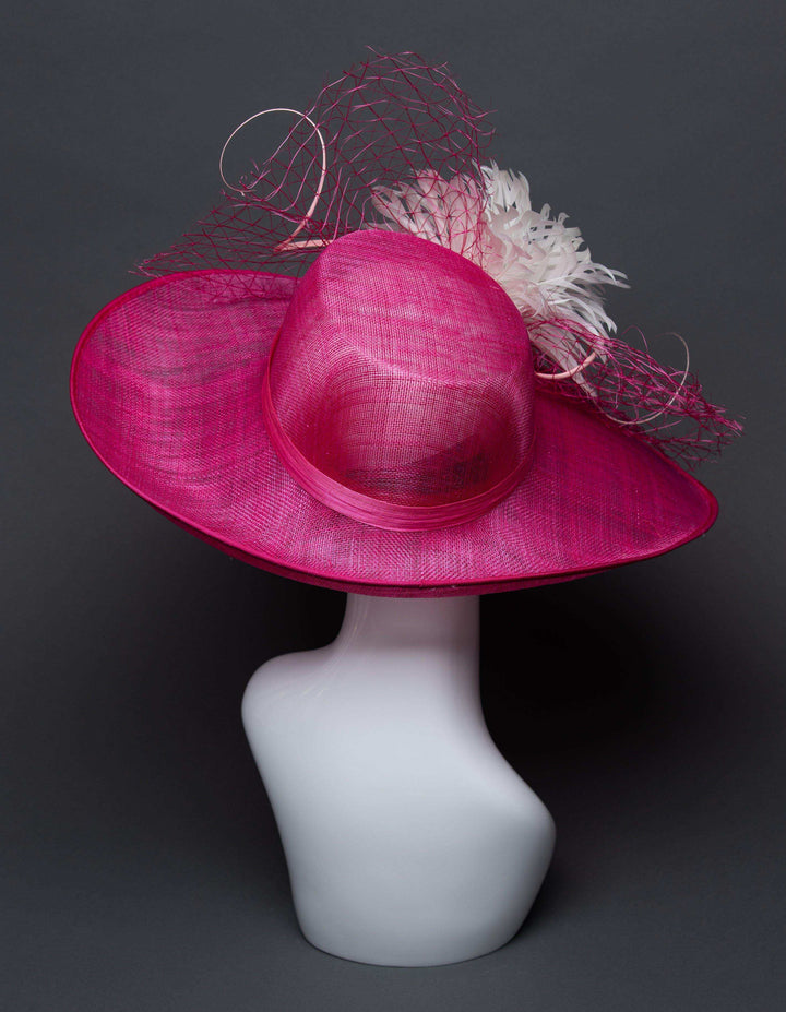 THG2697 - Bright Pink Sinamay Hat w/ White Feathers - The Hat Girls