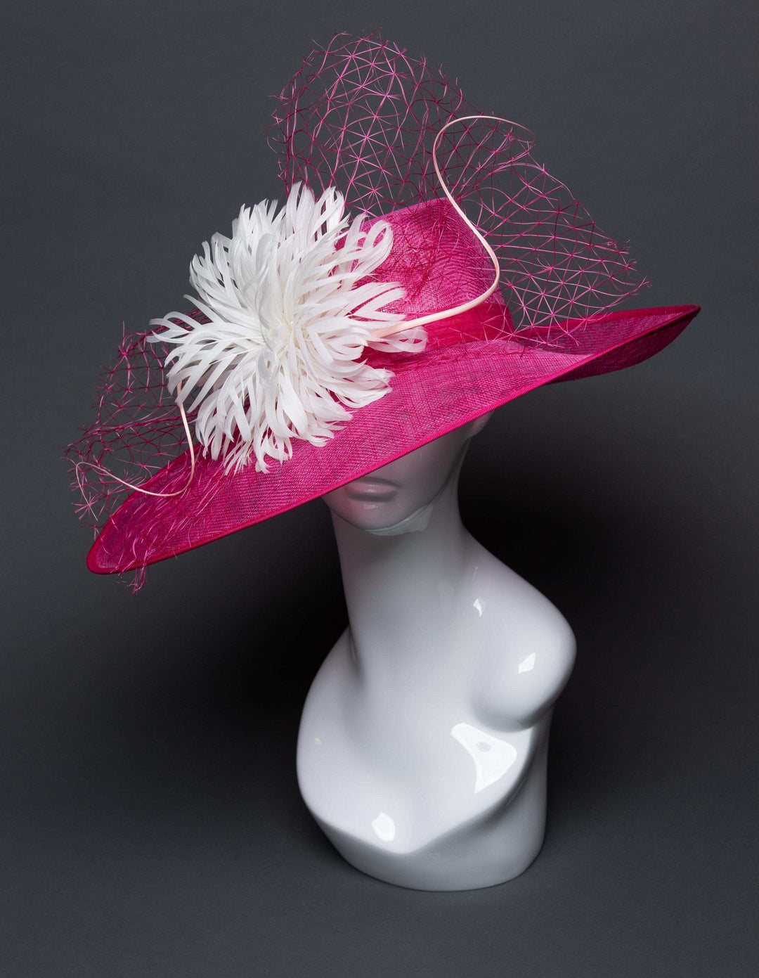 THG2697 - Bright Pink Sinamay Hat w/ White Feathers - The Hat Girls
