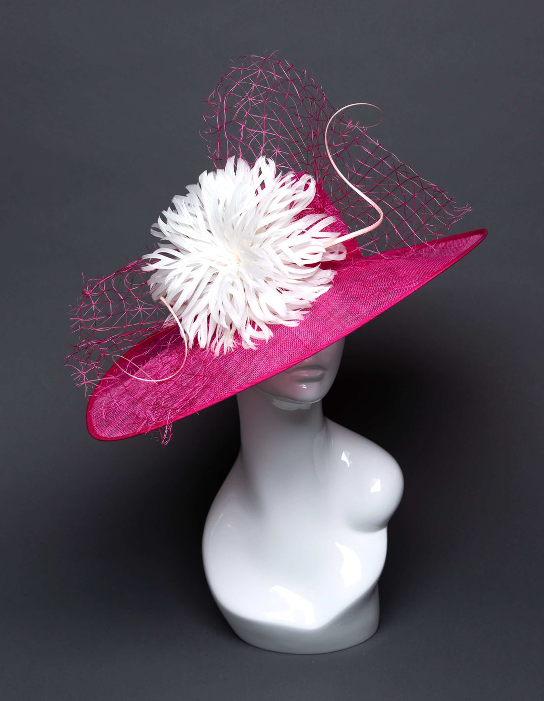 THG2697 - Bright Pink Sinamay Hat w/ White Feathers - The Hat Girls