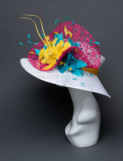 THG2707 - White Hat with Pink, Yellow, and Blue Feather Decor - The Hat Girls