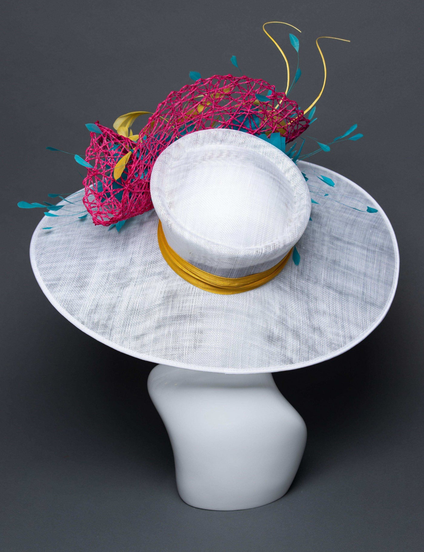 THG2707 - White Hat with Pink, Yellow, and Blue Feather Decor - The Hat Girls