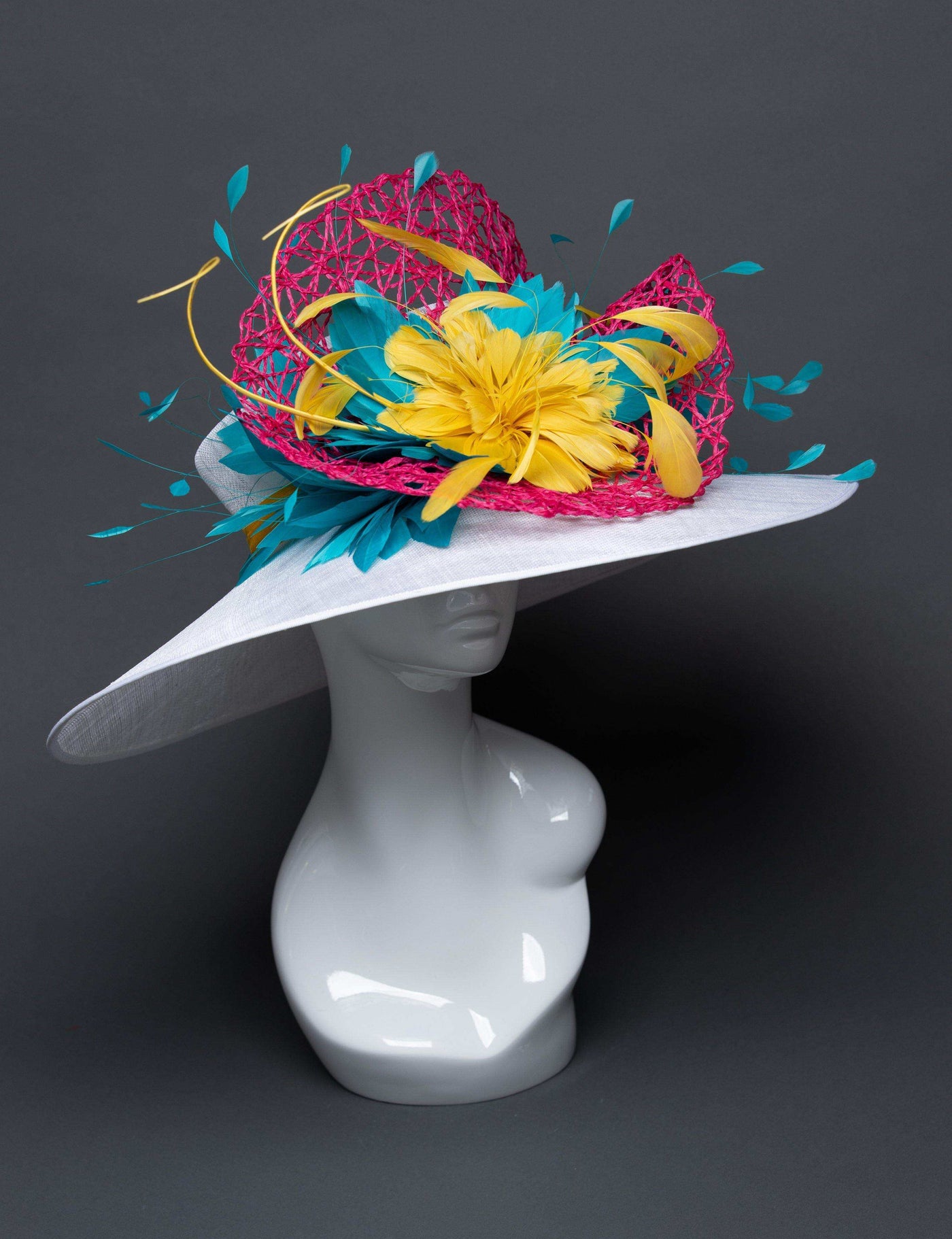 THG2707 - White Hat with Pink, Yellow, and Blue Feather Decor - The Hat Girls