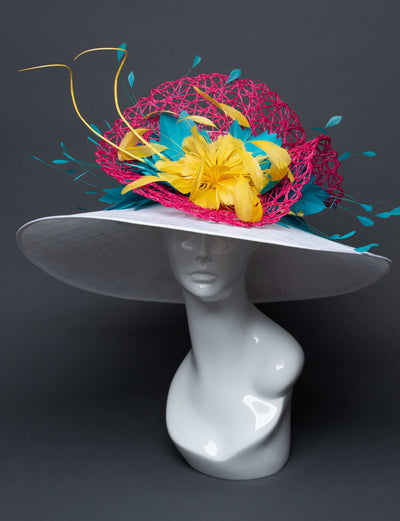 THG2707 - White Hat with Pink, Yellow, and Blue Feather Decor - The Hat Girls