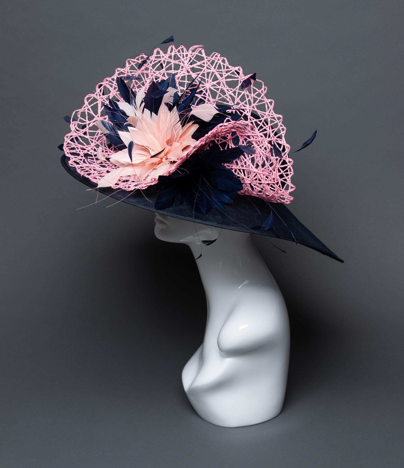 THG2714 - Navy Blue and Pink Hat with Goose Feathers - The Hat Girls