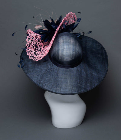 THG2714 - Navy Blue and Pink Hat with Goose Feathers - The Hat Girls