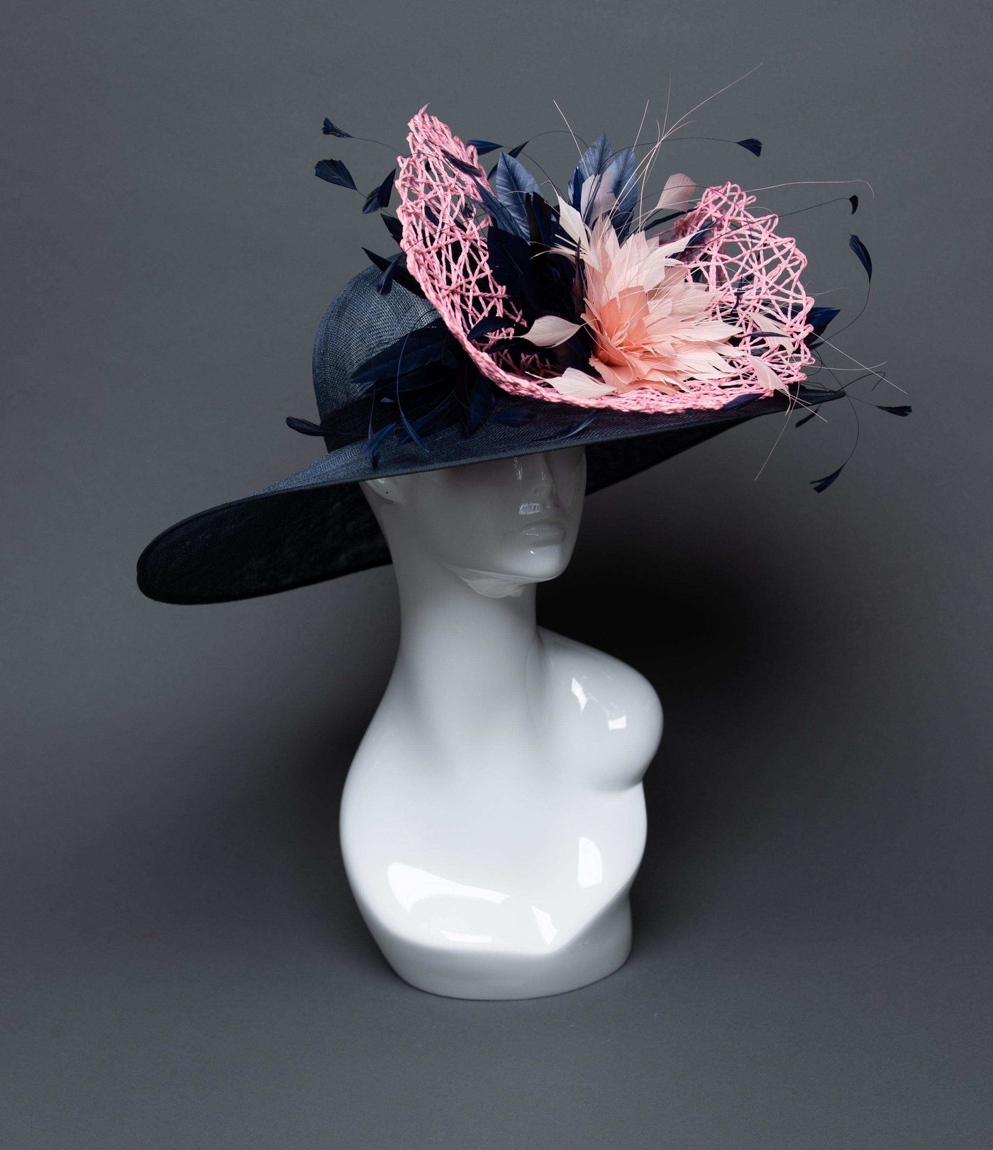 THG2714 - Navy Blue and Pink Hat with Goose Feathers - The Hat Girls