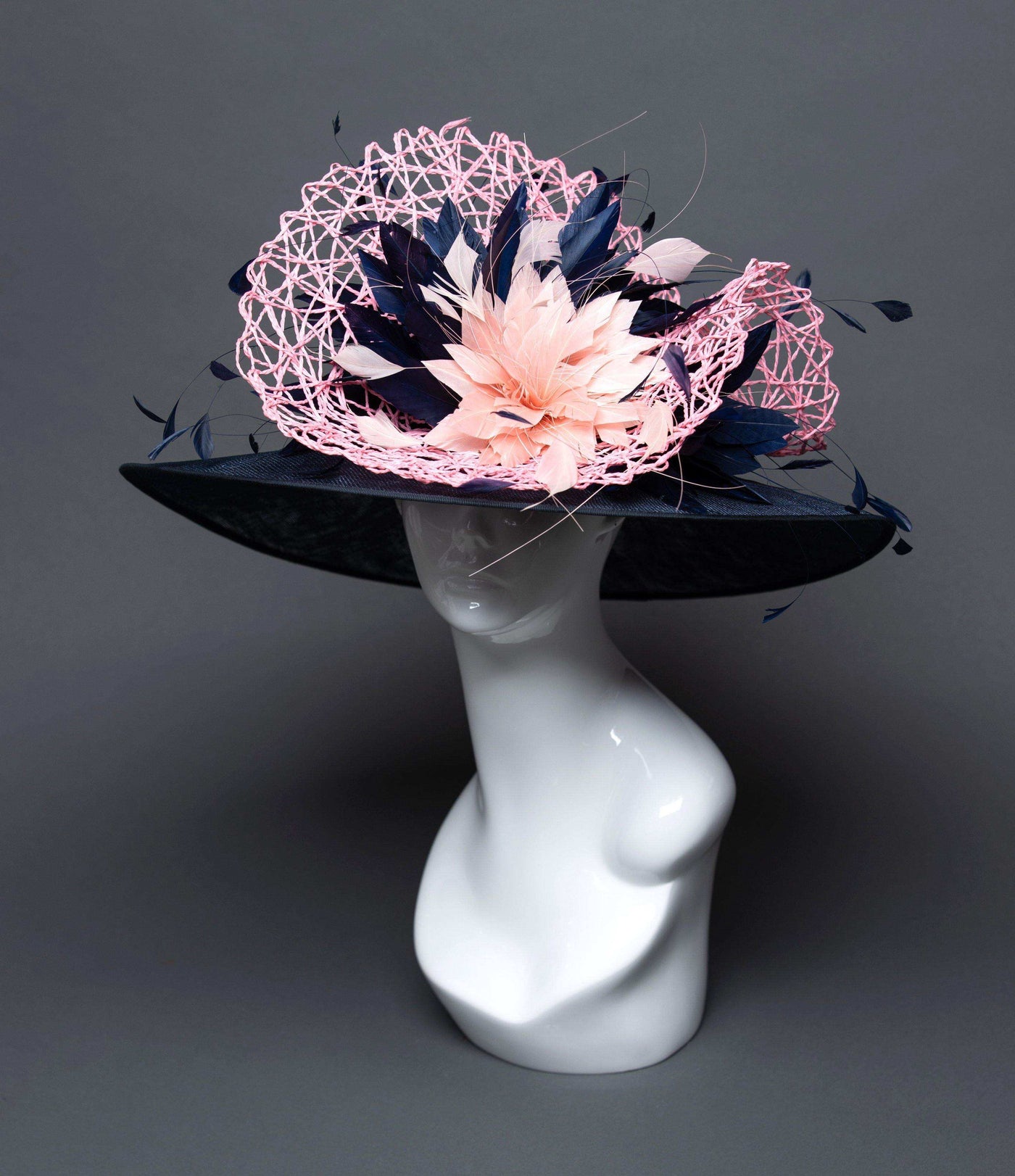 THG2714 - Navy Blue and Pink Hat with Goose Feathers - The Hat Girls