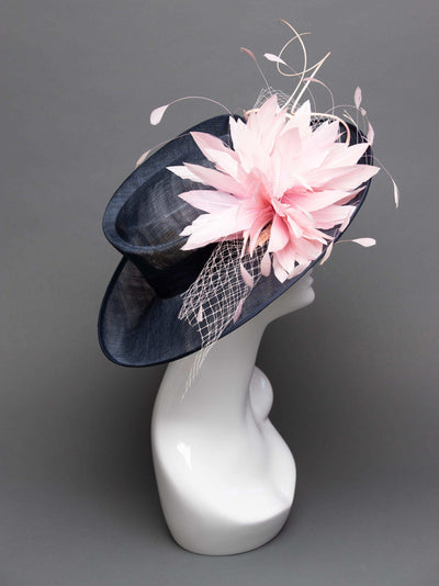 THG2727 - Navy Blue Hat w/ Light Pink Feathers and Veiling - The Hat Girls