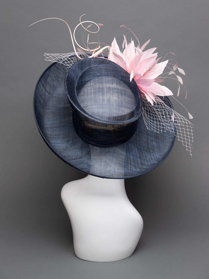 THG2727 - Navy Blue Hat w/ Light Pink Feathers and Veiling - The Hat Girls
