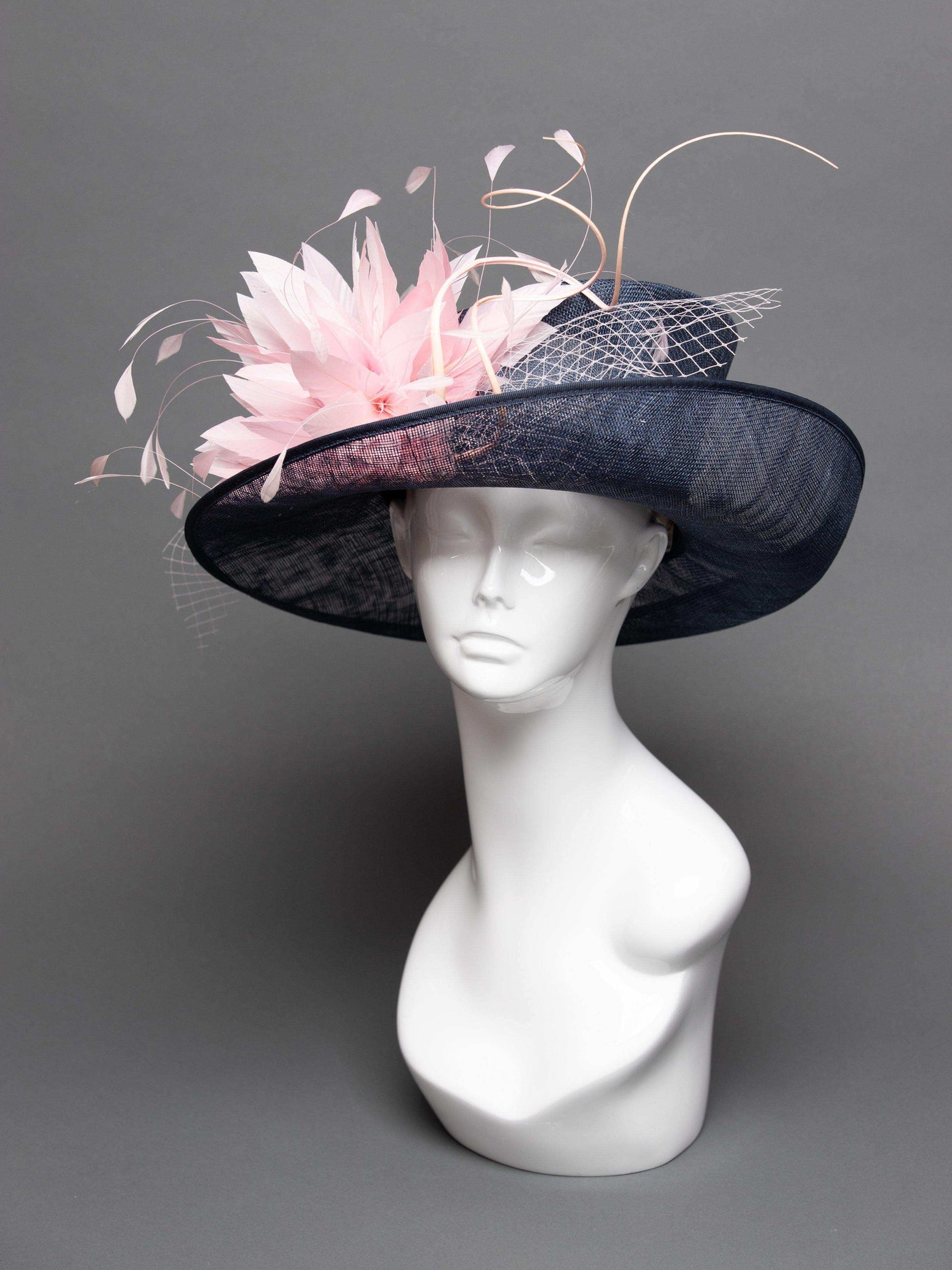 THG2727 - Navy Blue Hat w/ Light Pink Feathers and Veiling - The Hat Girls