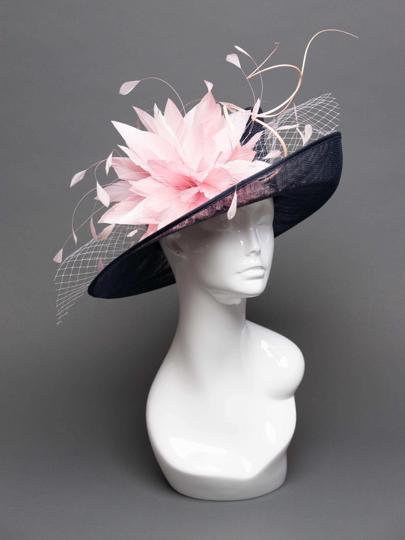 THG2727 - Navy Blue Hat w/ Light Pink Feathers and Veiling - The Hat Girls