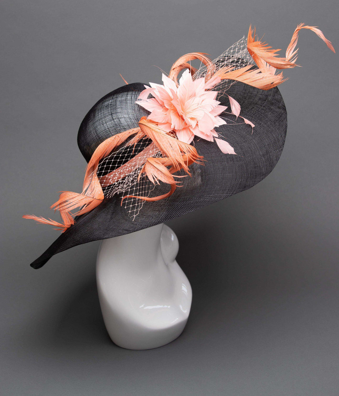 THG2751 - Black and Coral Hat with Feathers, Kentucky Derby - The Hat Girls