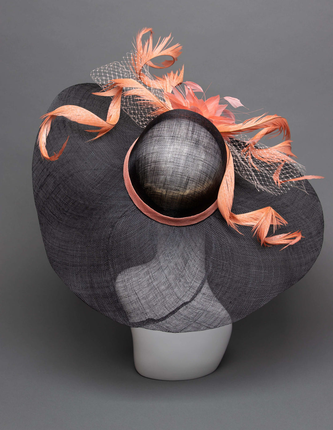 THG2751 - Black and Coral Hat with Feathers, Kentucky Derby - The Hat Girls