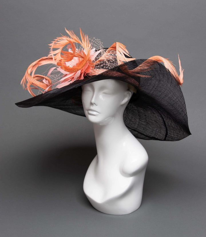 THG2751 - Black and Coral Hat with Feathers, Kentucky Derby - The Hat Girls