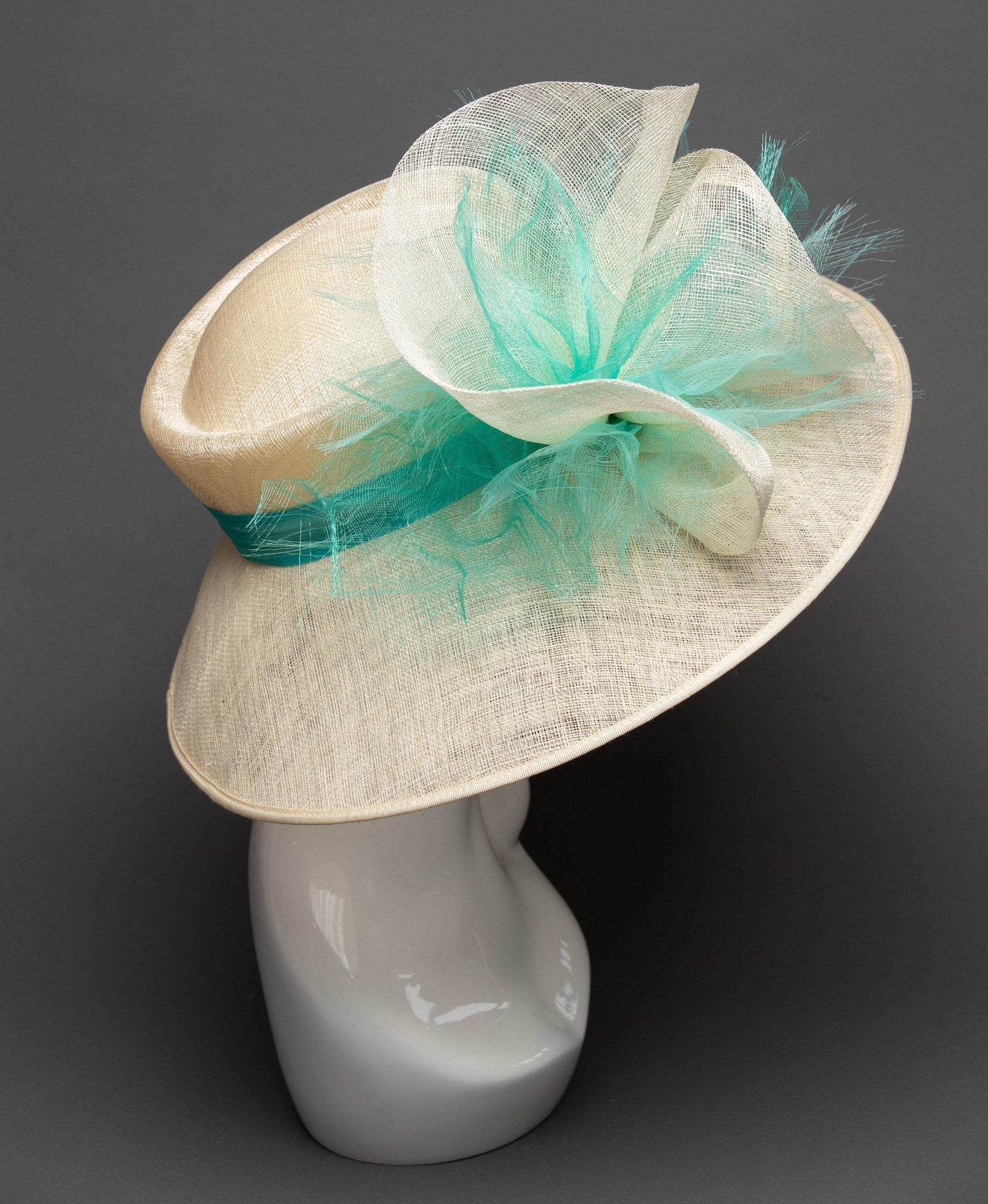 THG2786 - Ivory Hat with Sinamay Flower and Teal Crinoline - The Hat Girls