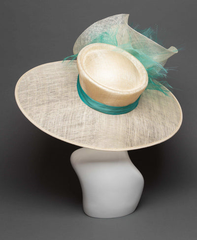 THG2786 - Ivory Hat with Sinamay Flower and Teal Crinoline - The Hat Girls