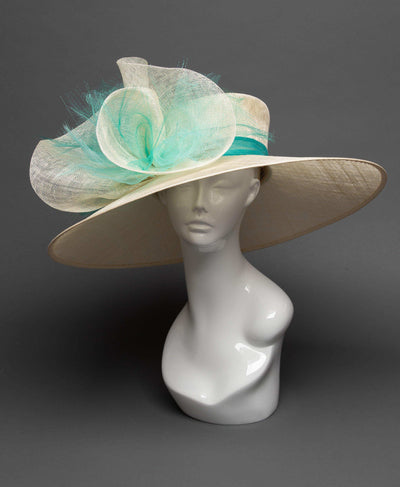 THG2786 - Ivory Hat with Sinamay Flower and Teal Crinoline - The Hat Girls