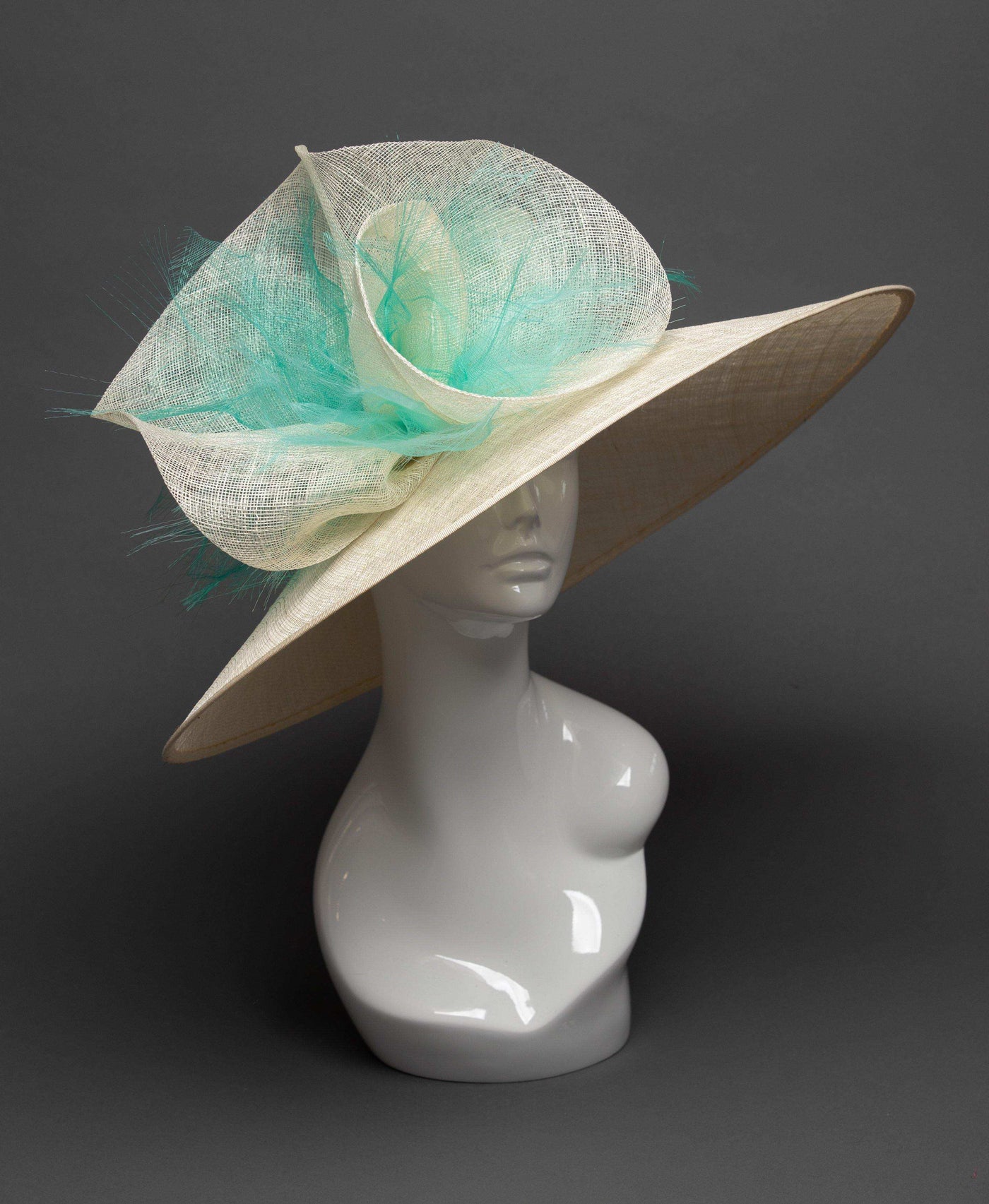 THG2786 - Ivory Hat with Sinamay Flower and Teal Crinoline - The Hat Girls