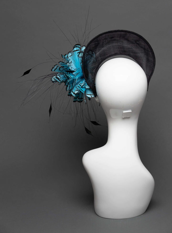 THG2792 - Black Crown Headband with Blue Feather Design - The Hat Girls