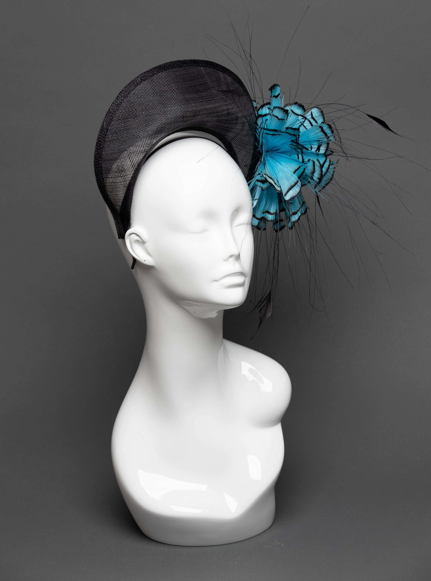 THG2792 - Black Crown Headband with Blue Feather Design - The Hat Girls