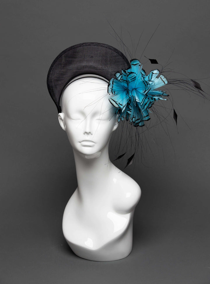 THG2792 - Black Crown Headband with Blue Feather Design - The Hat Girls