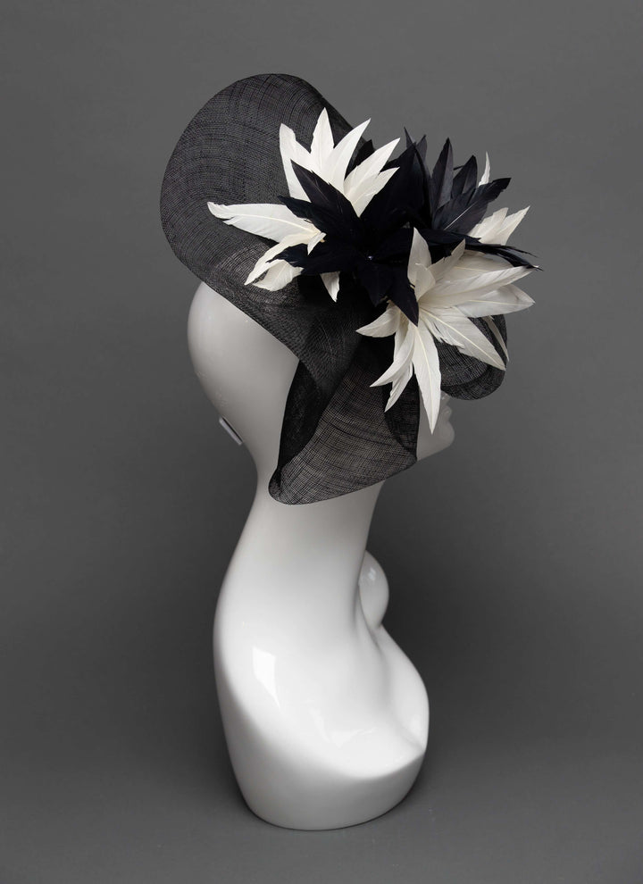 THG2796 - Black Sinamay Fascinator with Feather Flower Decor - The Hat Girls