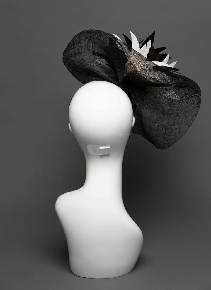THG2796 - Black Sinamay Fascinator with Feather Flower Decor - The Hat Girls