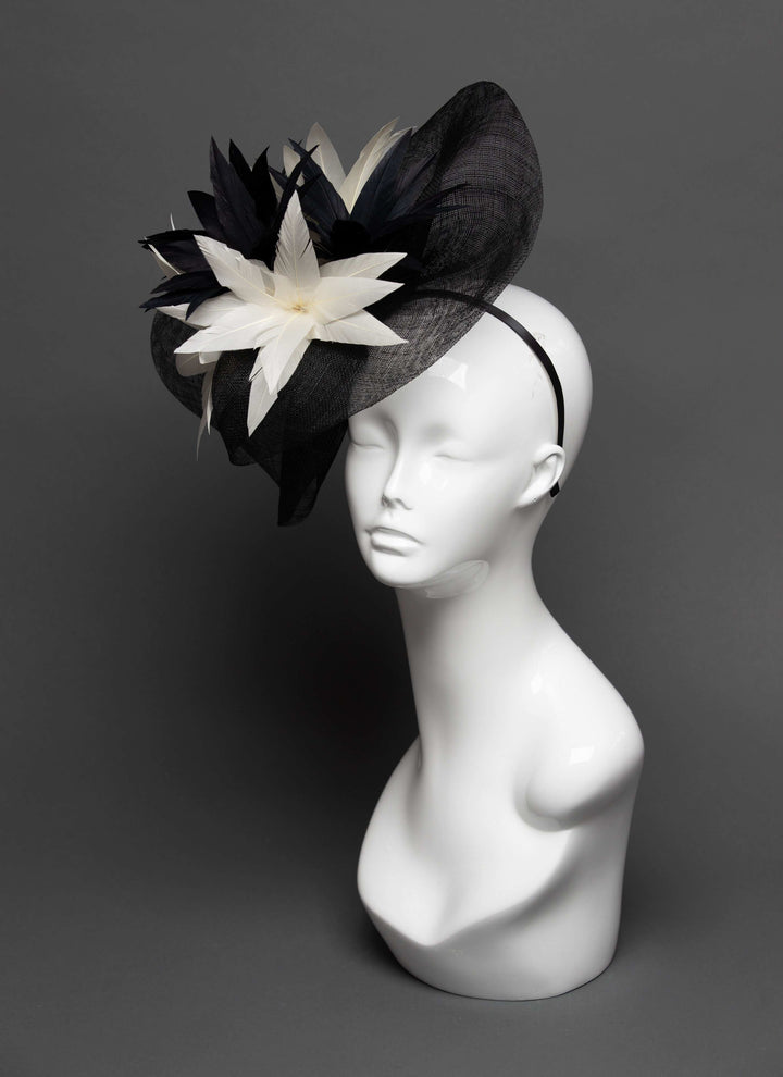 THG2796 - Black Sinamay Fascinator with Feather Flower Decor - The Hat Girls