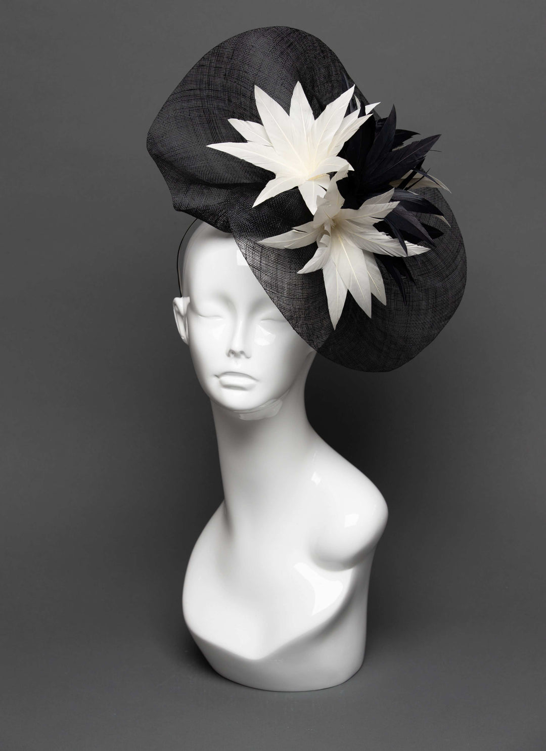 THG2796 - Black Sinamay Fascinator with Feather Flower Decor - The Hat Girls