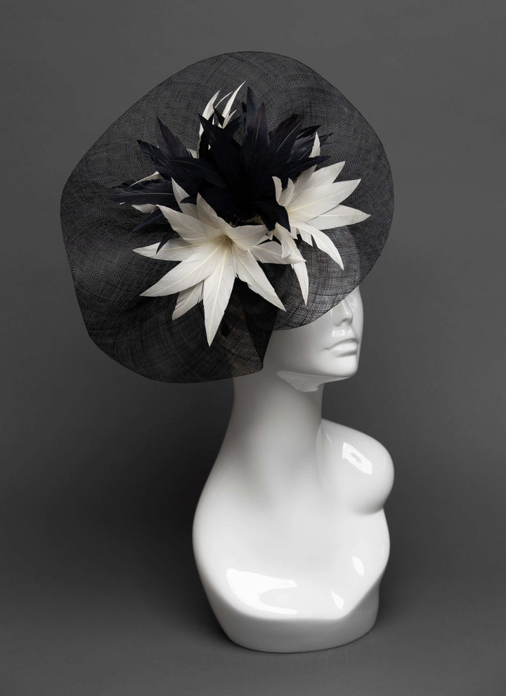 THG2796 - Black Sinamay Fascinator with Feather Flower Decor - The Hat Girls